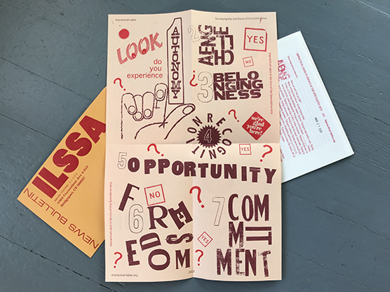 ILSSA news bulletin: riso printed poster/mailer, letter, and letterpress envelope